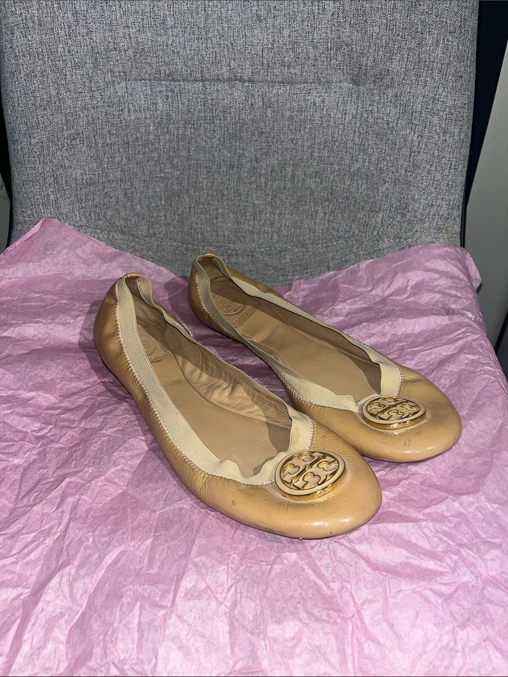 Tory Burch Tan Leather Logo Ballet Flats